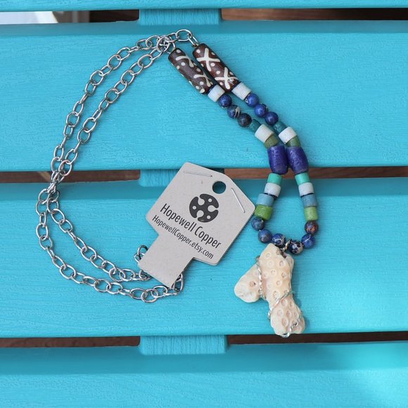 Unique Handmade Wire Wrapped Coral Beach Glass Long Beaded Necklace OOAK - Picture 1 of 6